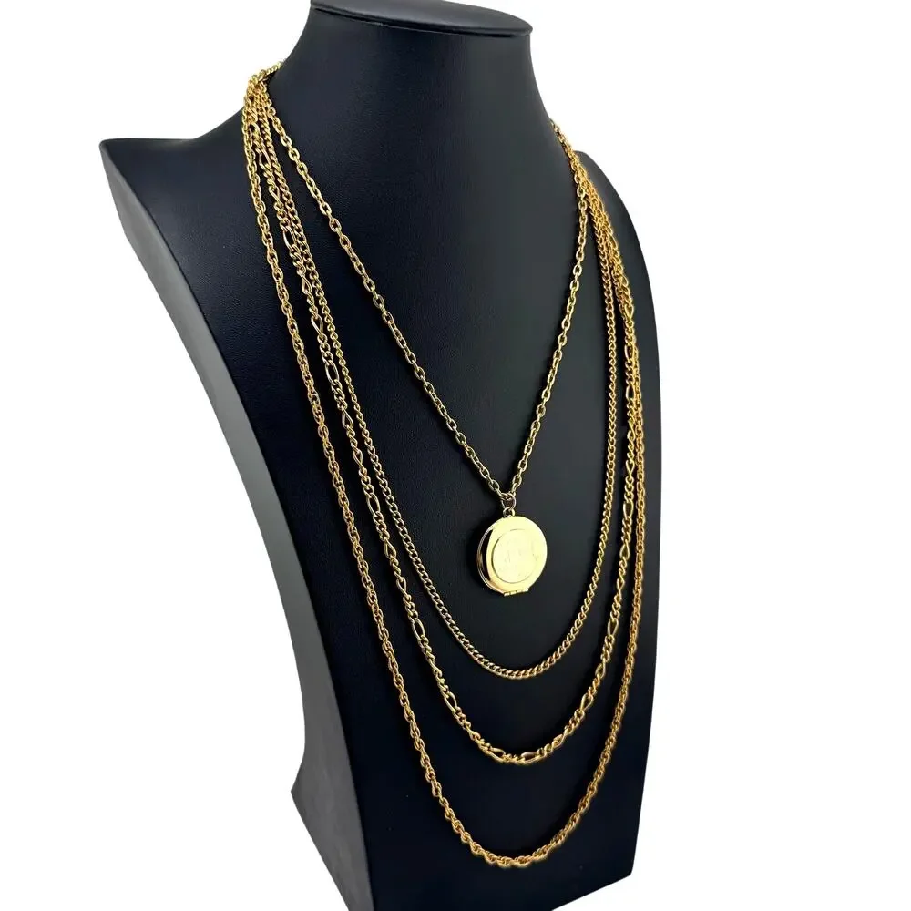Vintage Monogram Locket Pendant Layered Multichain Gold Tone 19